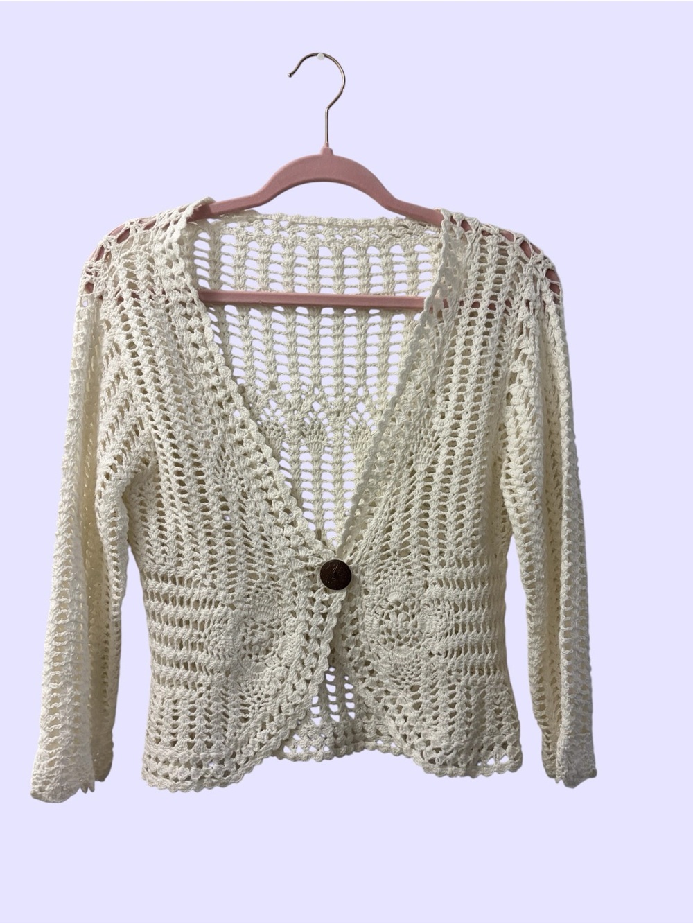 Vintage Hand Crocheted Ivory Open Knit Cardigan Sweater Dress